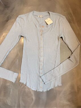 NWT Free People Light Blue Waffle Henley Long Sleeve Top with snap front